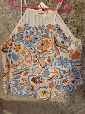 Idyllwind White Embroidered Floral Halter Camisole - Blue, Orange & Brown
